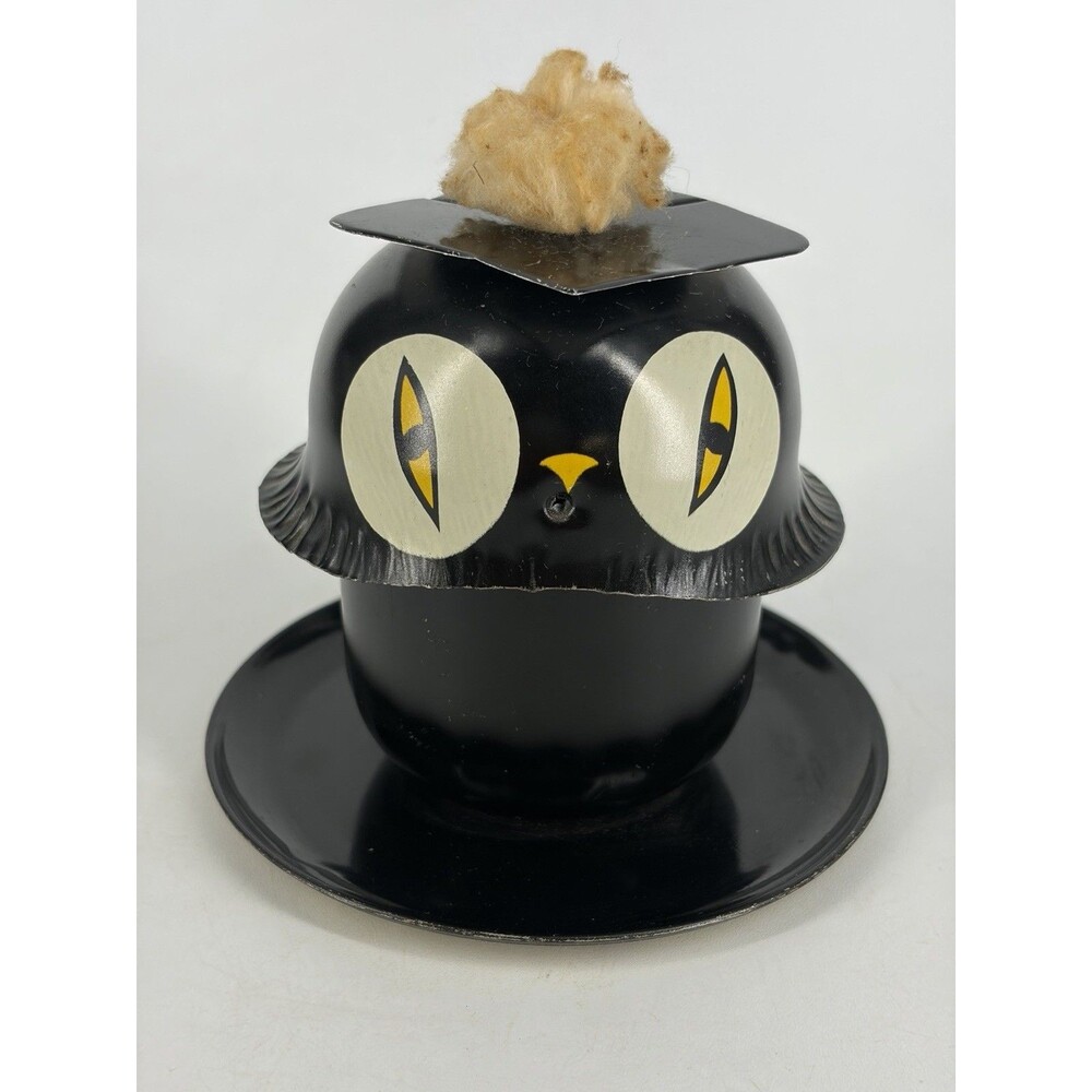 Tin Owl Oil Lamp MCM Vintage Black Halloween Decor Kitschy
